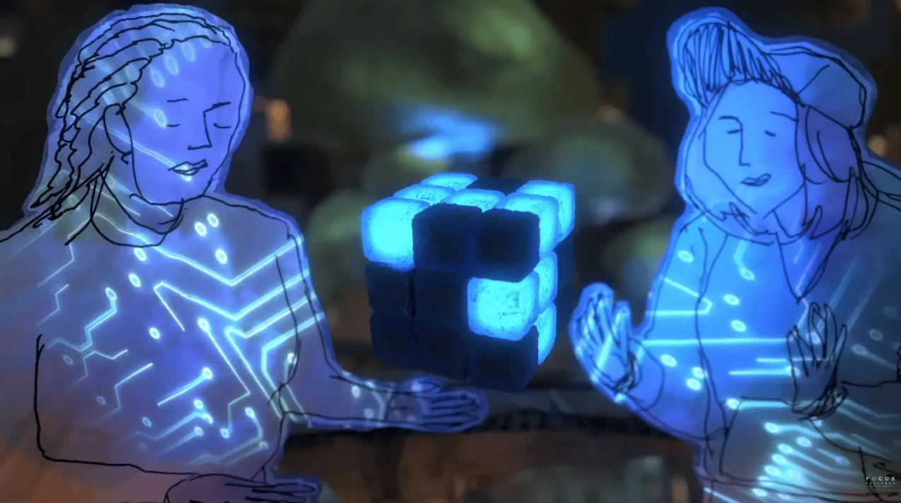 Two hand-drawn, blue-lit figures reaching towards a glowing cube between them.