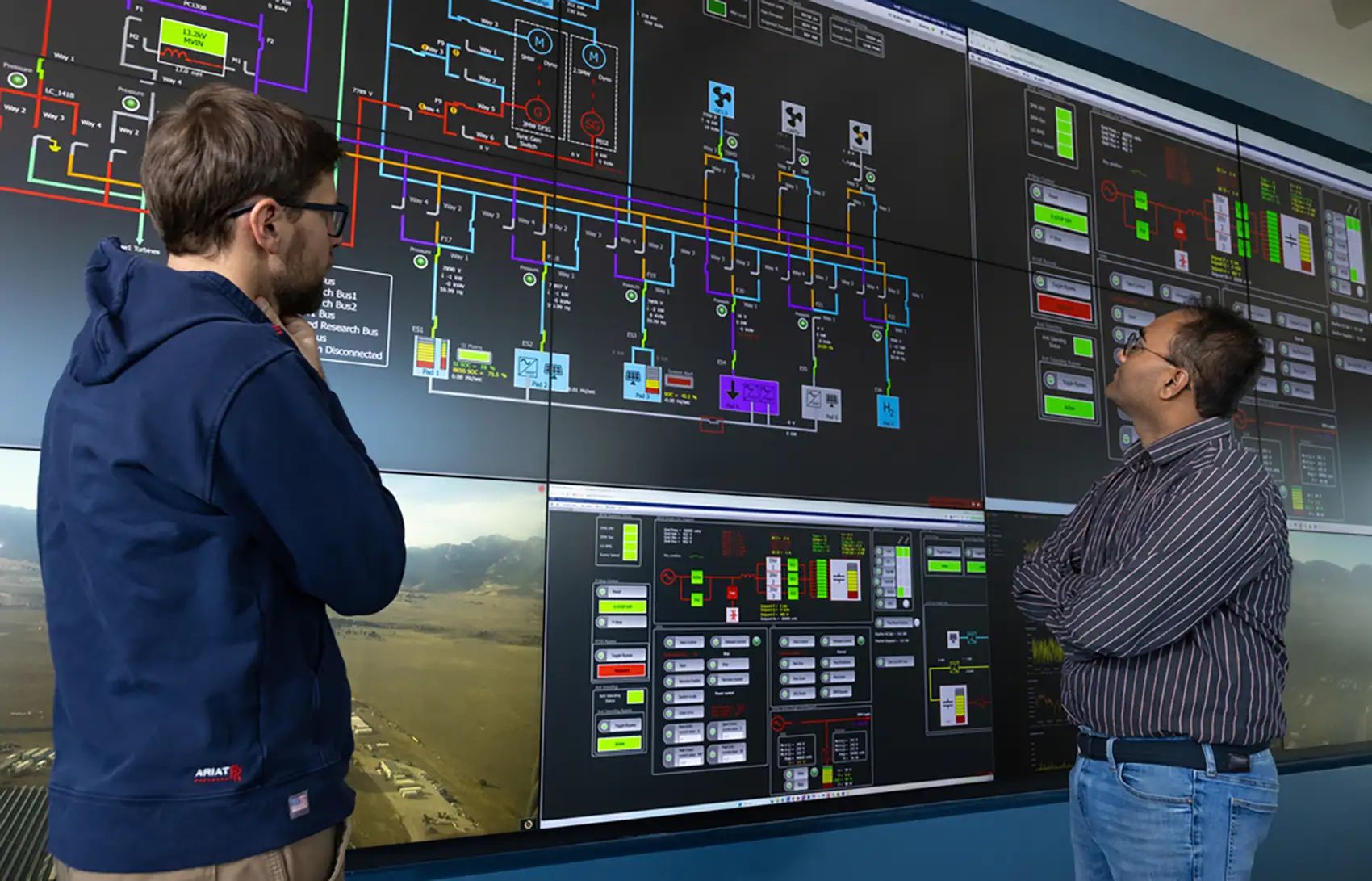 NLR staff collaborating at a control room monitoring data center and grid systems